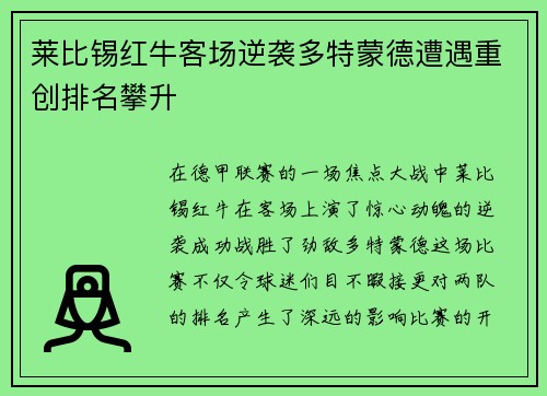 莱比锡红牛客场逆袭多特蒙德遭遇重创排名攀升